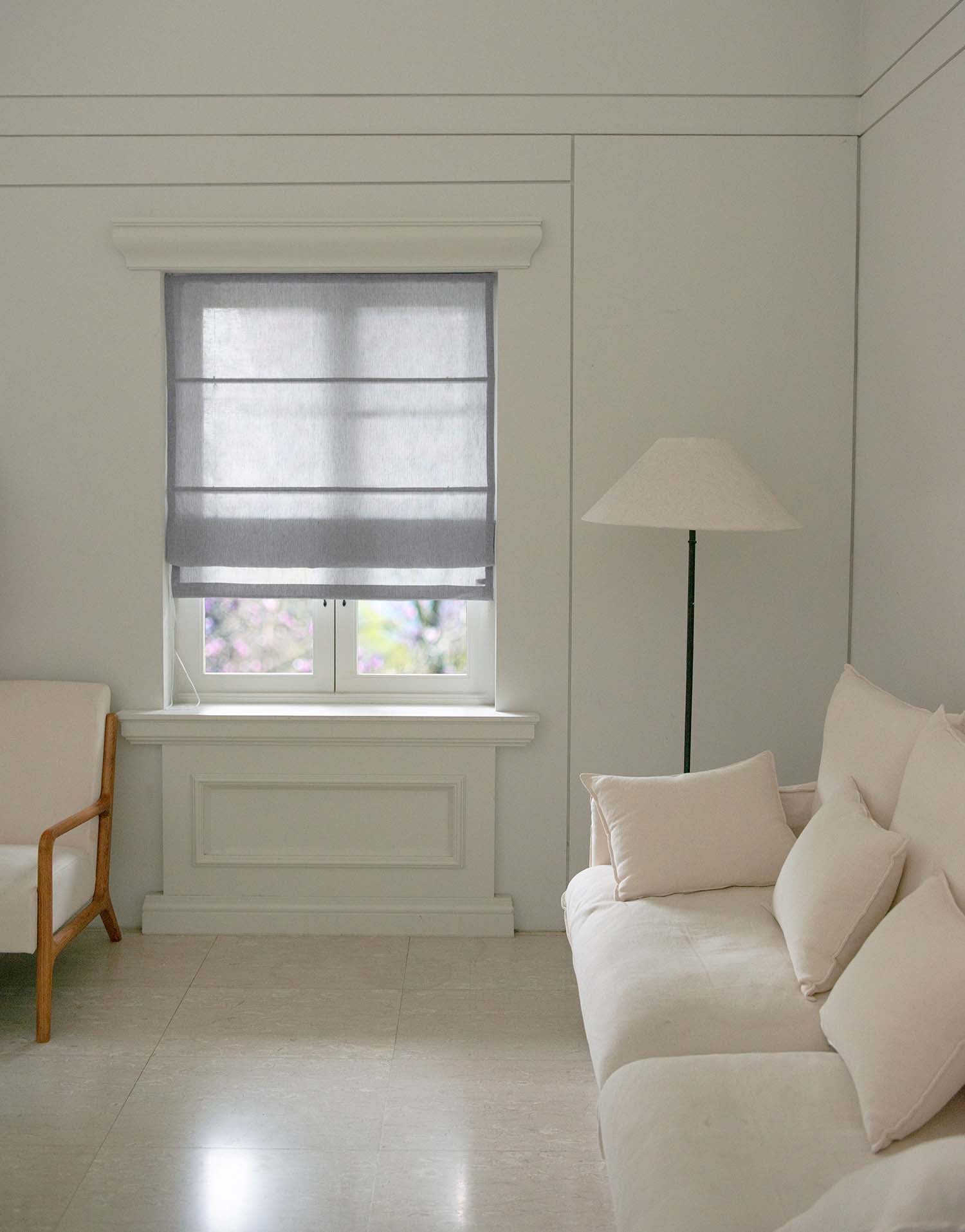 유럽 이탈리아 프리미엄 리넨 하우스 구다모, 퀸트에센셜 린넨 로만쉐이드 플랫 디자인, 마리오네 슬레이트, 맞춤제작 | GUDAMO Italian Linen Roman Shade Flat Design Marione Slate Custom