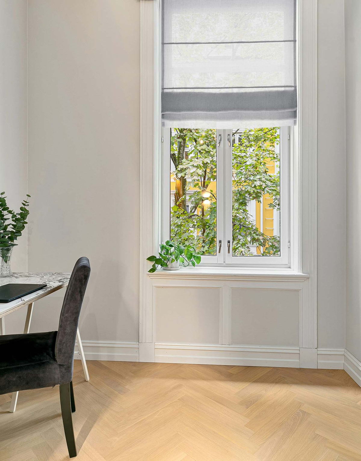 유럽 이탈리아 프리미엄 리넨 하우스 구다모, 퀸트에센셜 린넨 로만쉐이드 라운드 디자인, 마리오네 슬레이트, 맞춤제작 | GUDAMO Italian Linen Roman Shade Round Design Marione Slate Custom