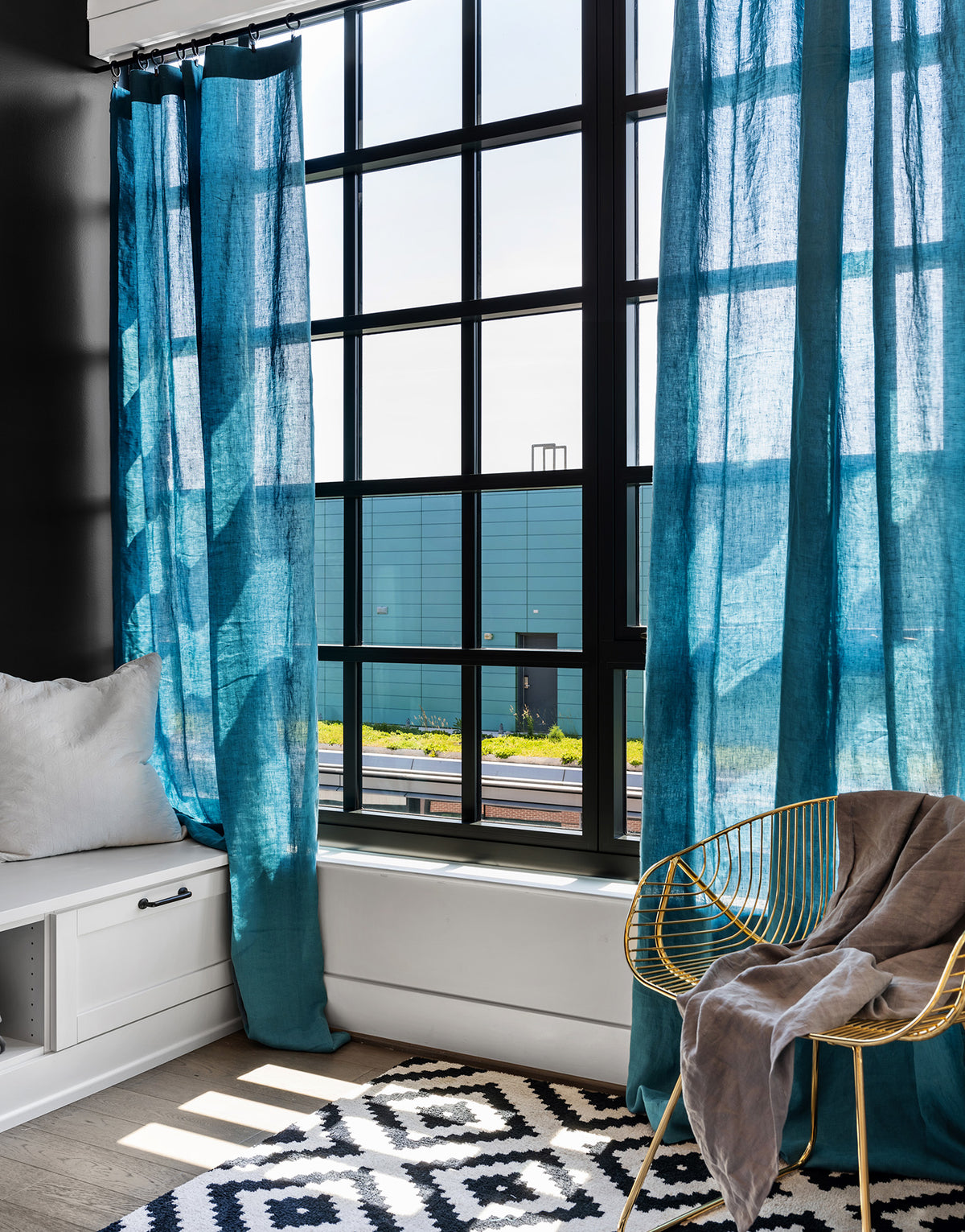 프랑스 수입 리넨 세미 오패크 커튼 코르시카 페트롤 블루 거실 안방 인테리어 포인트 린넨 커튼
